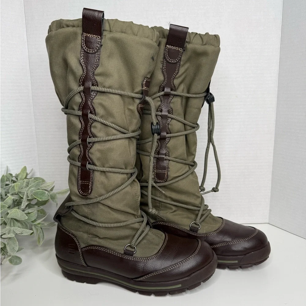 Lands End Women's Green Quilted Tall Outdoor Winter Fleece Lined Boots Size 6